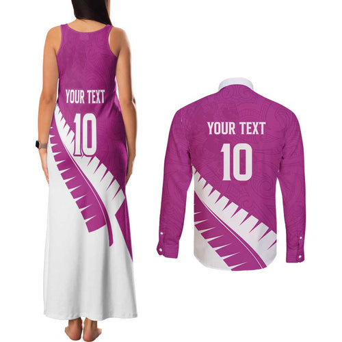 Custom New Zealand Cricket Couples Matching Tank Maxi Dress and Long Sleeve Button Shirt Kiwi Birds Haka Dance Pink Fern Sporty Style