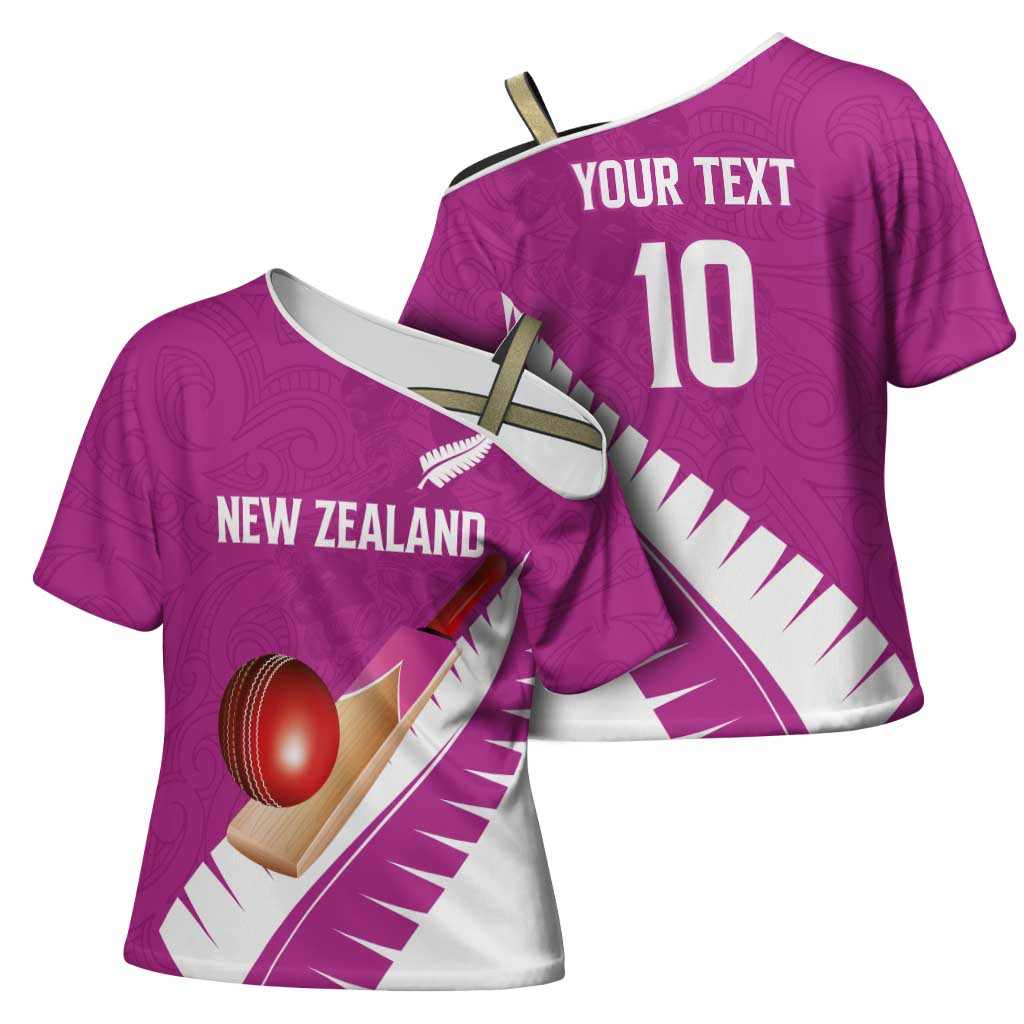 Custom New Zealand Cricket Cross Shoulder Shirt Kiwi Birds Haka Dance Pink Fern Sporty Style