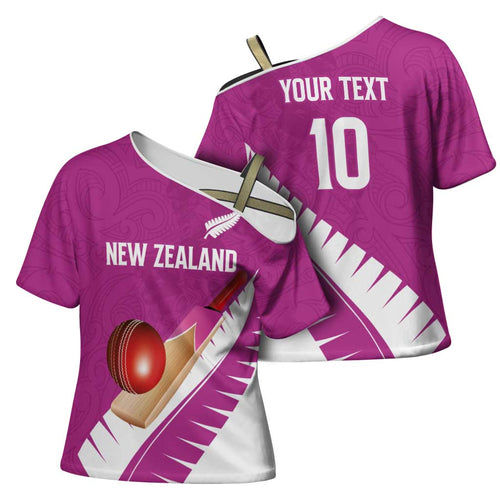 Custom New Zealand Cricket Cross Shoulder Shirt Kiwi Birds Haka Dance Pink Fern Sporty Style