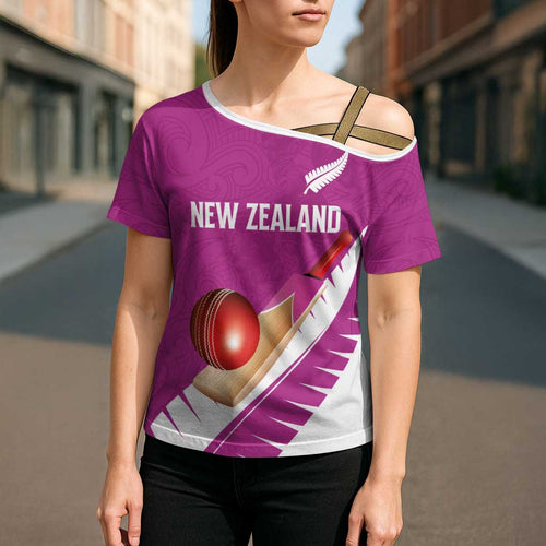 Custom New Zealand Cricket Cross Shoulder Shirt Kiwi Birds Haka Dance Pink Fern Sporty Style