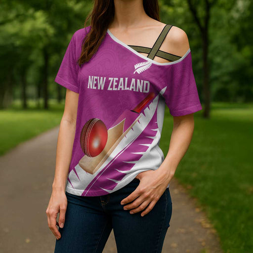 Custom New Zealand Cricket Cross Shoulder Shirt Kiwi Birds Haka Dance Pink Fern Sporty Style