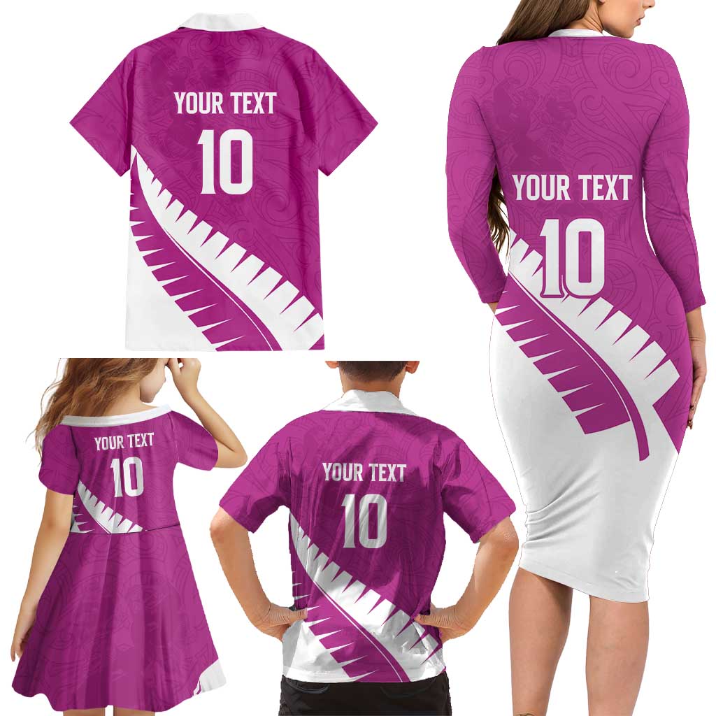 Custom New Zealand Cricket Family Matching Long Sleeve Bodycon Dress and Hawaiian Shirt Kiwi Birds Haka Dance Pink Fern Sporty Style