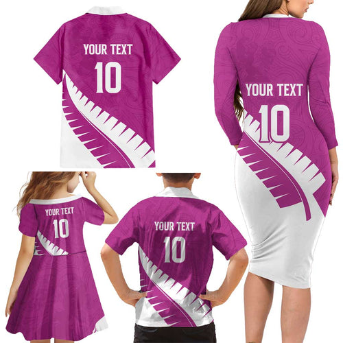 Custom New Zealand Cricket Family Matching Long Sleeve Bodycon Dress and Hawaiian Shirt Kiwi Birds Haka Dance Pink Fern Sporty Style