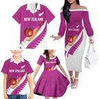 Custom New Zealand Cricket Family Matching Off The Shoulder Long Sleeve Dress and Hawaiian Shirt Kiwi Birds Haka Dance Pink Fern Sporty Style