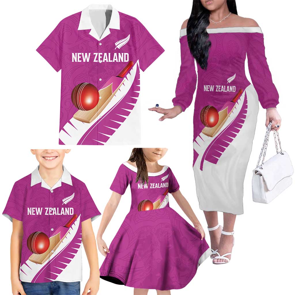Custom New Zealand Cricket Family Matching Off The Shoulder Long Sleeve Dress and Hawaiian Shirt Kiwi Birds Haka Dance Pink Fern Sporty Style