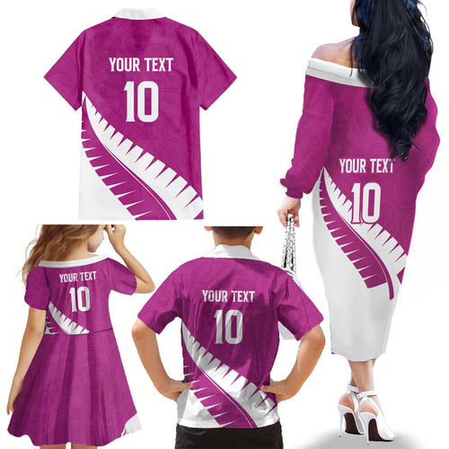 Custom New Zealand Cricket Family Matching Off The Shoulder Long Sleeve Dress and Hawaiian Shirt Kiwi Birds Haka Dance Pink Fern Sporty Style