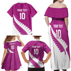 Custom New Zealand Cricket Family Matching Off Shoulder Maxi Dress and Hawaiian Shirt Kiwi Birds Haka Dance Pink Fern Sporty Style