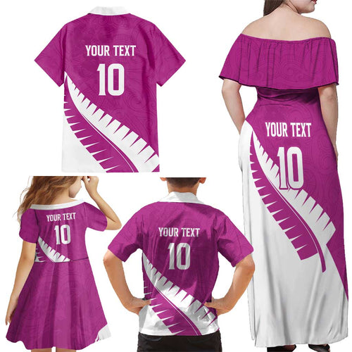 Custom New Zealand Cricket Family Matching Off Shoulder Maxi Dress and Hawaiian Shirt Kiwi Birds Haka Dance Pink Fern Sporty Style