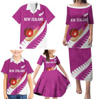 Custom New Zealand Cricket Family Matching Puletasi and Hawaiian Shirt Kiwi Birds Haka Dance Pink Fern Sporty Style