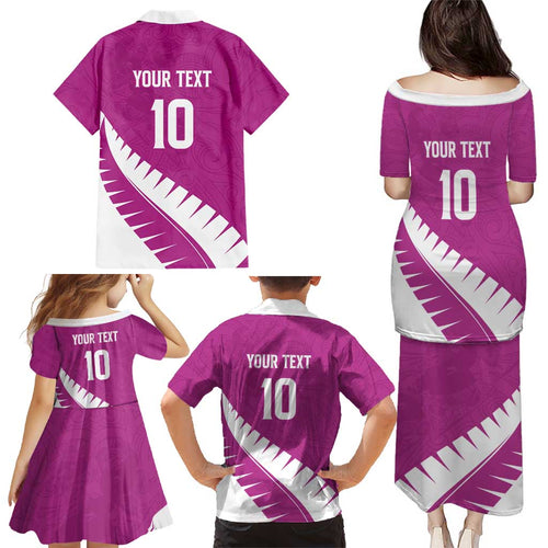 Custom New Zealand Cricket Family Matching Puletasi and Hawaiian Shirt Kiwi Birds Haka Dance Pink Fern Sporty Style