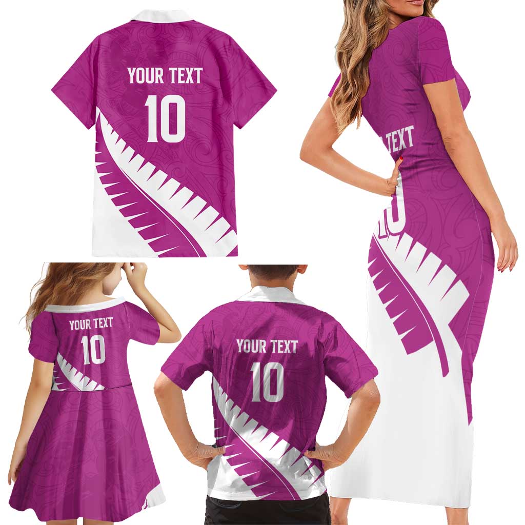Custom New Zealand Cricket Family Matching Short Sleeve Bodycon Dress and Hawaiian Shirt Kiwi Birds Haka Dance Pink Fern Sporty Style