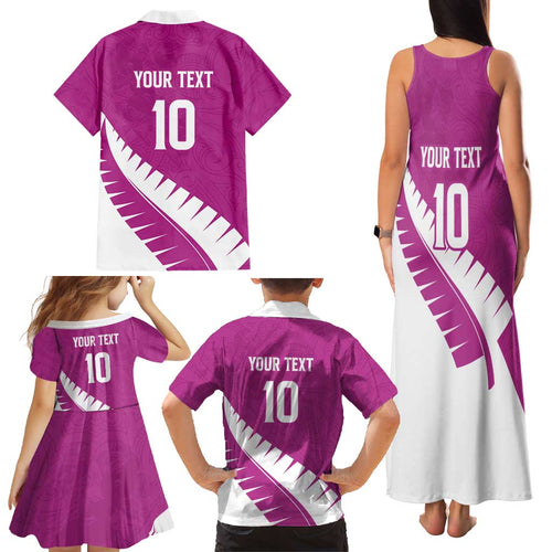 Custom New Zealand Cricket Family Matching Tank Maxi Dress and Hawaiian Shirt Kiwi Birds Haka Dance Pink Fern Sporty Style