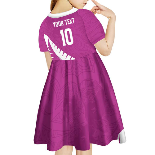 Custom New Zealand Cricket Kid Short Sleeve Dress Kiwi Birds Haka Dance Pink Fern Sporty Style