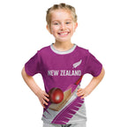 Custom New Zealand Cricket Kid T Shirt Kiwi Birds Haka Dance Pink Fern Sporty Style