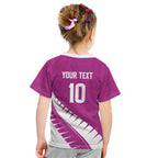 Custom New Zealand Cricket Kid T Shirt Kiwi Birds Haka Dance Pink Fern Sporty Style