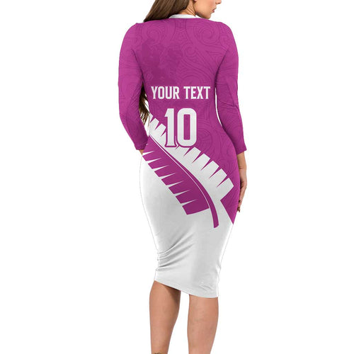 Custom New Zealand Cricket Long Sleeve Bodycon Dress Kiwi Birds Haka Dance Pink Fern Sporty Style