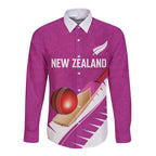 Custom New Zealand Cricket Long Sleeve Button Shirt Kiwi Birds Haka Dance Pink Fern Sporty Style