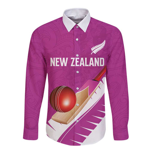 Custom New Zealand Cricket Long Sleeve Button Shirt Kiwi Birds Haka Dance Pink Fern Sporty Style