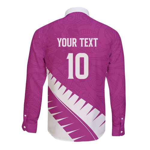 Custom New Zealand Cricket Long Sleeve Button Shirt Kiwi Birds Haka Dance Pink Fern Sporty Style