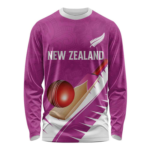 Custom New Zealand Cricket Long Sleeve Shirt Kiwi Birds Haka Dance Pink Fern Sporty Style