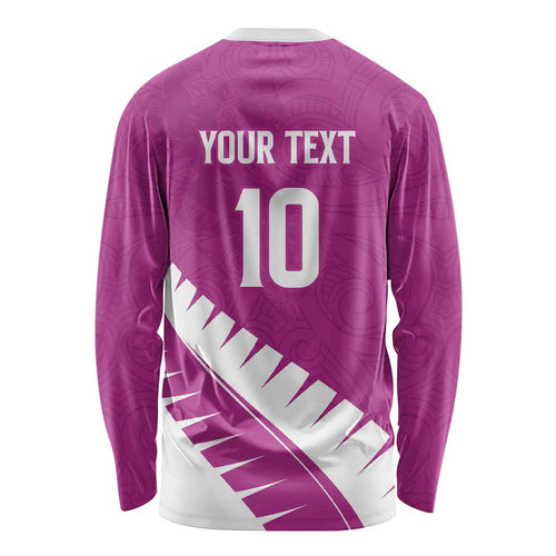 Custom New Zealand Cricket Long Sleeve Shirt Kiwi Birds Haka Dance Pink Fern Sporty Style