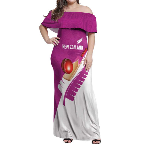 Custom New Zealand Cricket Off Shoulder Maxi Dress Kiwi Birds Haka Dance Pink Fern Sporty Style