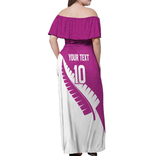 Custom New Zealand Cricket Off Shoulder Maxi Dress Kiwi Birds Haka Dance Pink Fern Sporty Style