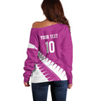 Custom New Zealand Cricket Off Shoulder Sweater Kiwi Birds Haka Dance Pink Fern Sporty Style