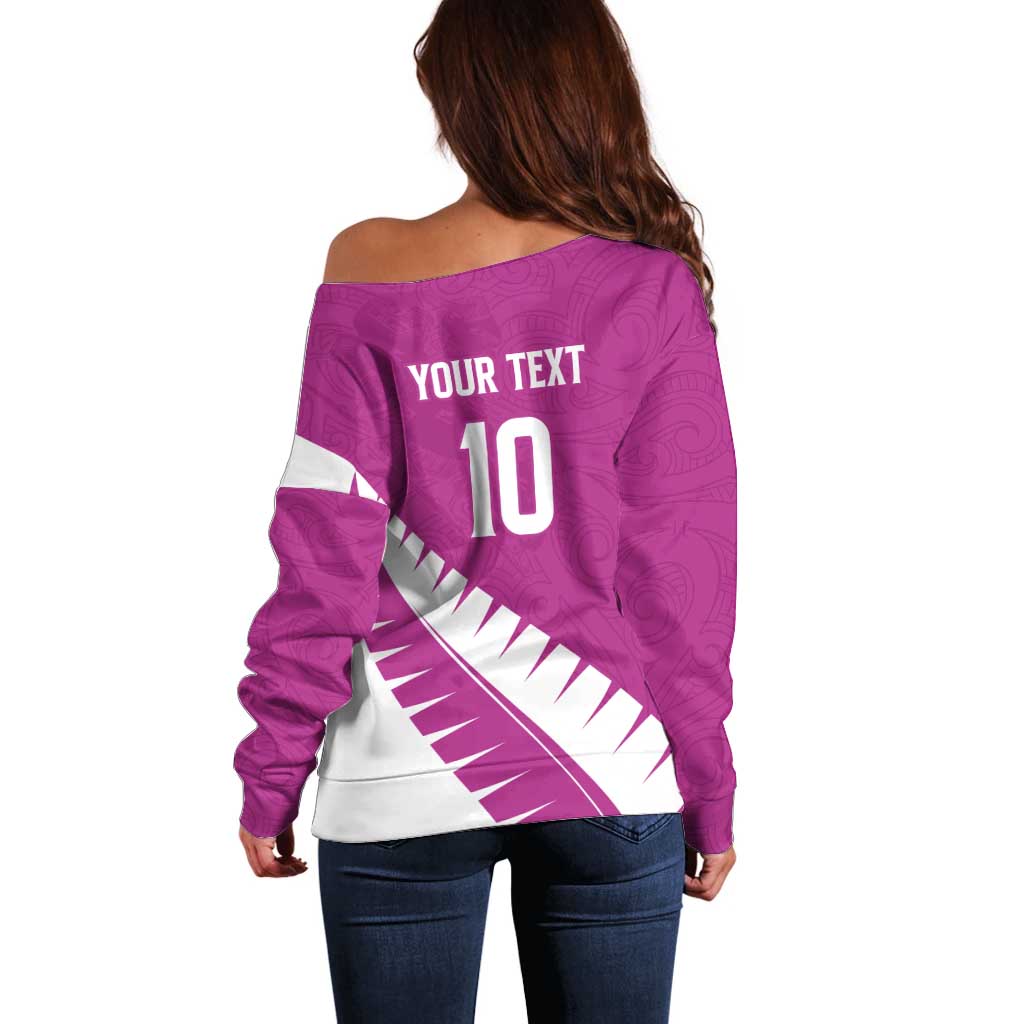 Custom New Zealand Cricket Off Shoulder Sweater Kiwi Birds Haka Dance Pink Fern Sporty Style