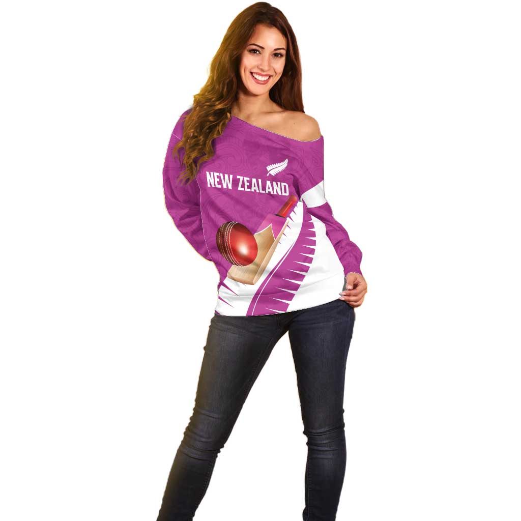 Custom New Zealand Cricket Off Shoulder Sweater Kiwi Birds Haka Dance Pink Fern Sporty Style