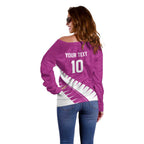 Custom New Zealand Cricket Off Shoulder Sweater Kiwi Birds Haka Dance Pink Fern Sporty Style