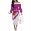 Custom New Zealand Cricket Off The Shoulder Long Sleeve Dress Kiwi Birds Haka Dance Pink Fern Sporty Style