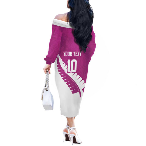 Custom New Zealand Cricket Off The Shoulder Long Sleeve Dress Kiwi Birds Haka Dance Pink Fern Sporty Style