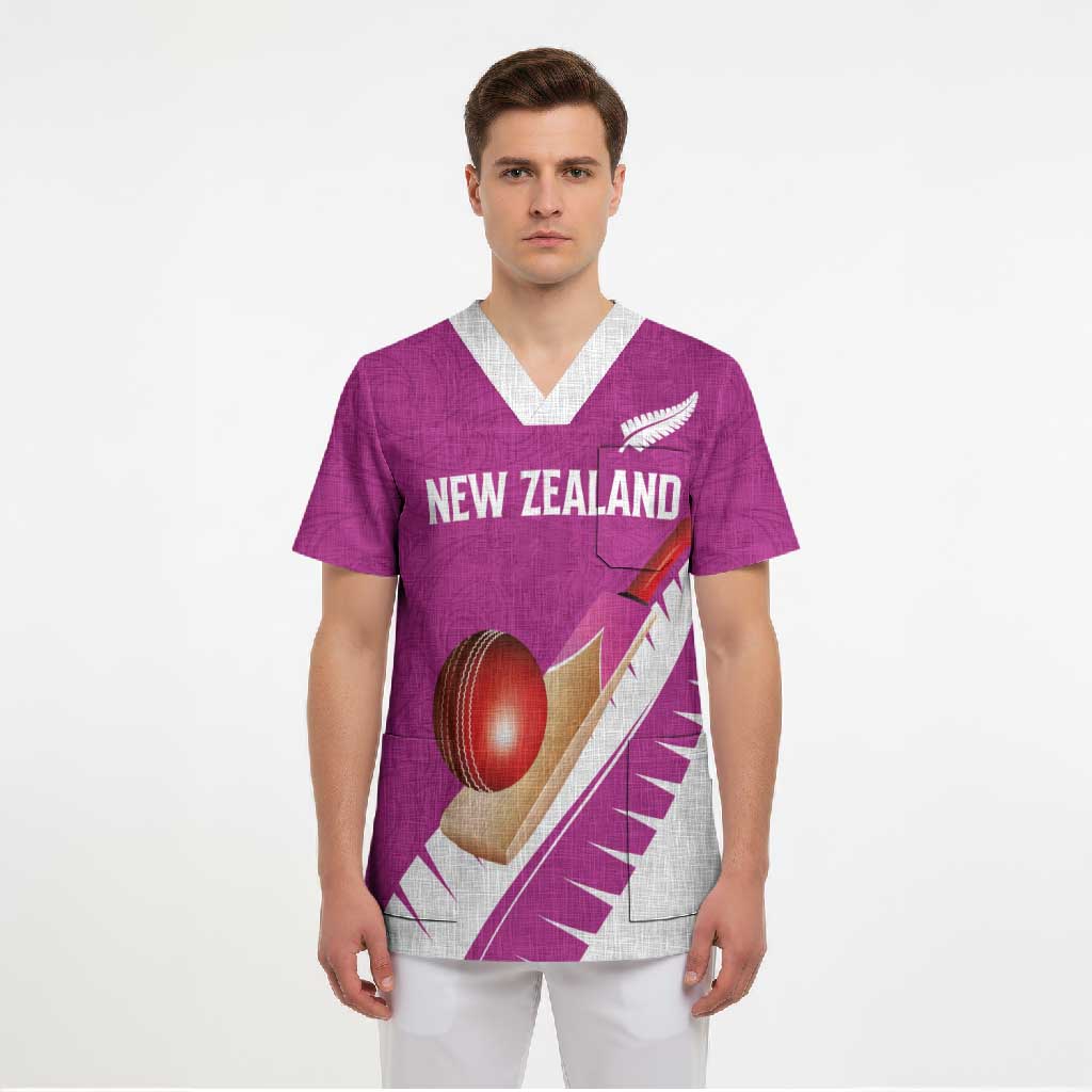Custom New Zealand Cricket Scrub Top Kiwi Birds Haka Dance Pink Fern Sporty Style