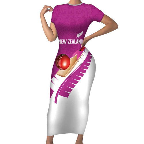 Custom New Zealand Cricket Short Sleeve Bodycon Dress Kiwi Birds Haka Dance Pink Fern Sporty Style