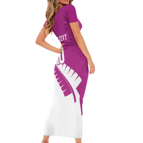 Custom New Zealand Cricket Short Sleeve Bodycon Dress Kiwi Birds Haka Dance Pink Fern Sporty Style