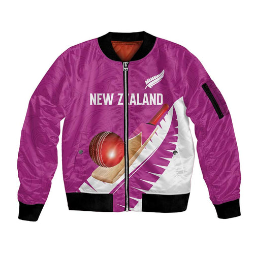 Custom New Zealand Cricket Sleeve Zip Bomber Jacket Kiwi Birds Haka Dance Pink Fern Sporty Style