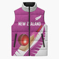 Custom New Zealand Cricket Sleeveless Puffer Jacket Kiwi Birds Haka Dance Pink Fern Sporty Style