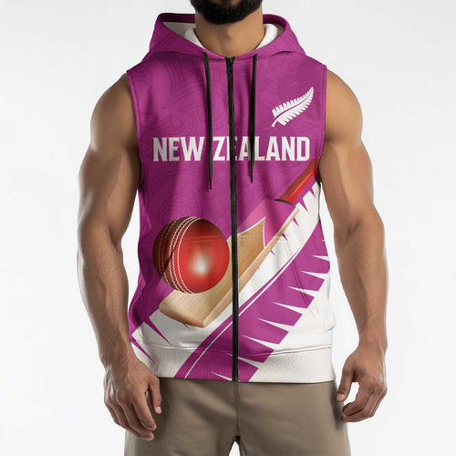Custom New Zealand Cricket Sleeveless Zip Hoodie Kiwi Birds Haka Dance Pink Fern Sporty Style