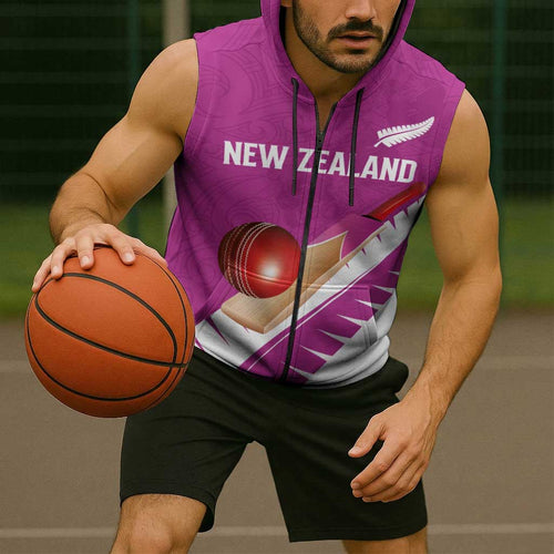 Custom New Zealand Cricket Sleeveless Zip Hoodie Kiwi Birds Haka Dance Pink Fern Sporty Style