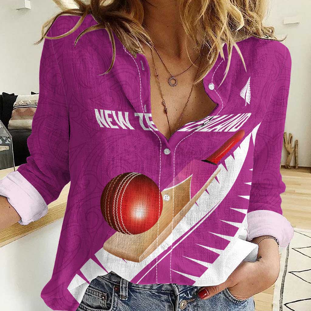 Custom New Zealand Cricket Women Casual Shirt Kiwi Birds Haka Dance Pink Fern Sporty Style