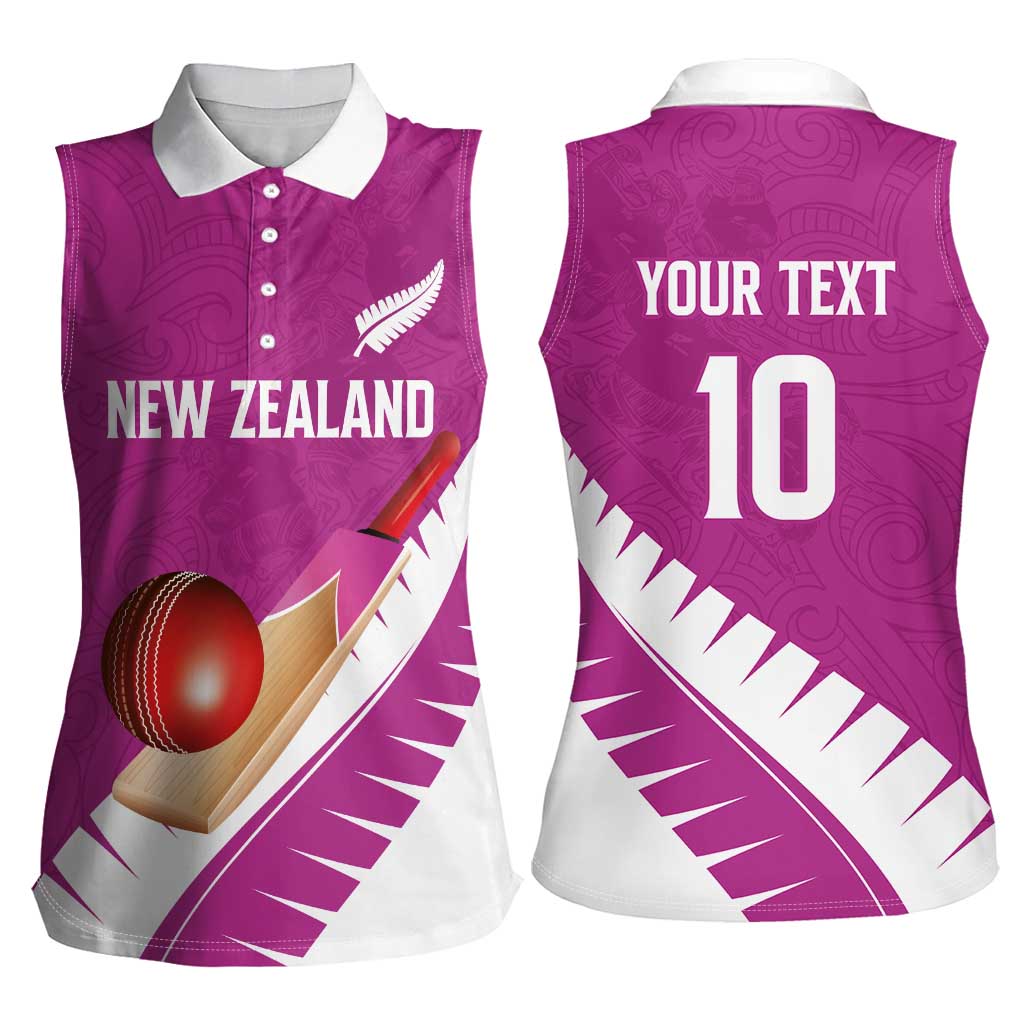 Custom New Zealand Cricket Women Sleeveless Polo Shirt Kiwi Birds Haka Dance Pink Fern Sporty Style