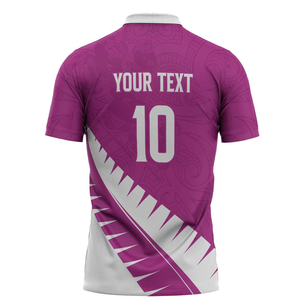 Custom New Zealand Cricket Zipper Polo Shirt Kiwi Birds Haka Dance Pink Fern Sporty Style