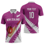 Custom New Zealand Cricket Zipper Polo Shirt Kiwi Birds Haka Dance Pink Fern Sporty Style