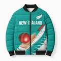 Custom New Zealand Cricket Bomber Puffer Jacket Kiwi Birds Haka Dance Turquoise Fern Sporty Style