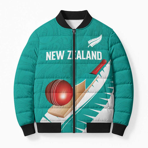 Custom New Zealand Cricket Bomber Puffer Jacket Kiwi Birds Haka Dance Turquoise Fern Sporty Style