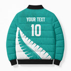 Custom New Zealand Cricket Bomber Puffer Jacket Kiwi Birds Haka Dance Turquoise Fern Sporty Style