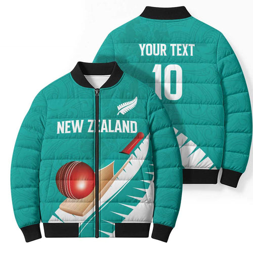 Custom New Zealand Cricket Bomber Puffer Jacket Kiwi Birds Haka Dance Turquoise Fern Sporty Style