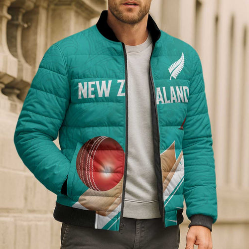 Custom New Zealand Cricket Bomber Puffer Jacket Kiwi Birds Haka Dance Turquoise Fern Sporty Style