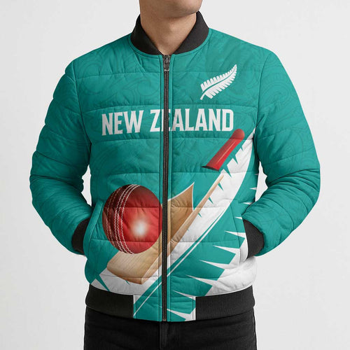Custom New Zealand Cricket Bomber Puffer Jacket Kiwi Birds Haka Dance Turquoise Fern Sporty Style